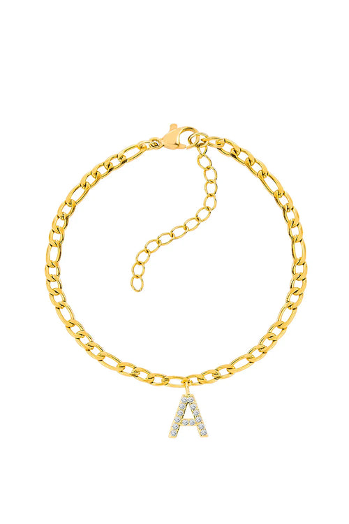Bracelet Initiale Figaro – Plaqué Or & Zircone