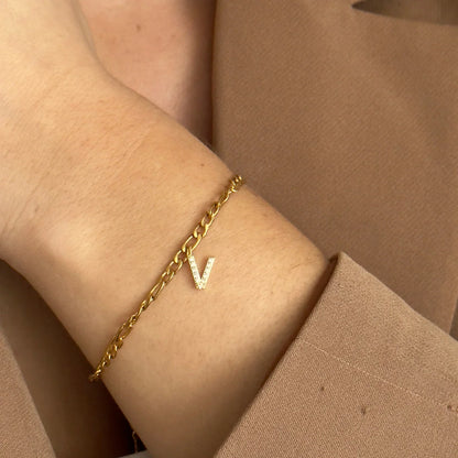 Bracelet Initiale Figaro – Plaqué Or & Zircone