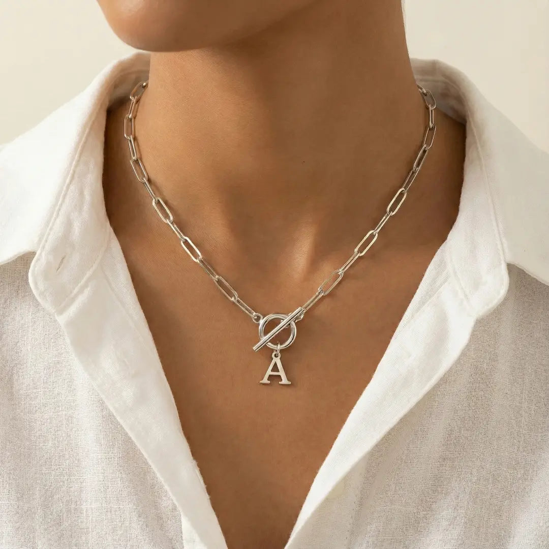 Collier Initiale Chaîne Trombone - Fermoir Cercle