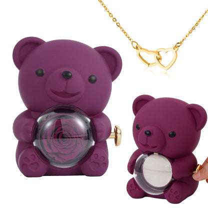 Collier Cœur Gravé avec Coffret Ourson de Roses