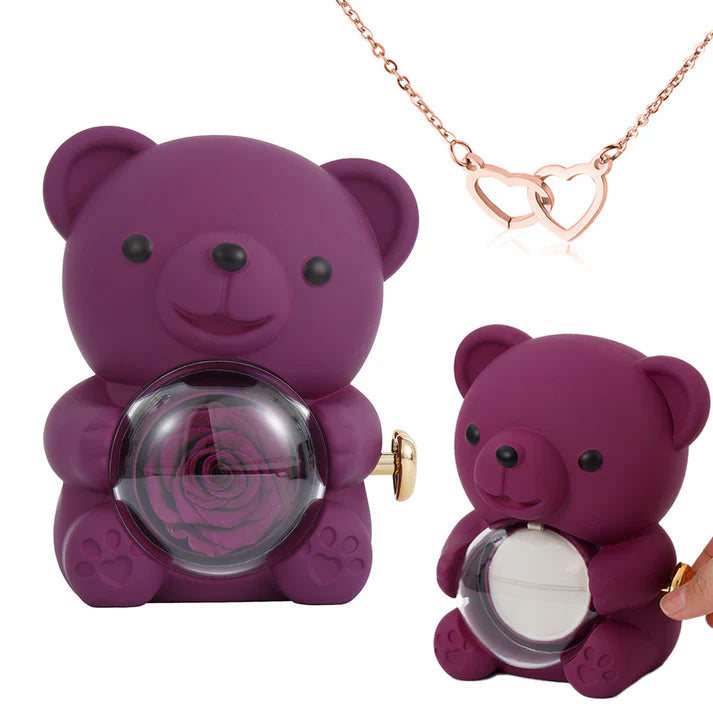 Collier Cœur Gravé avec Coffret Ourson de Roses