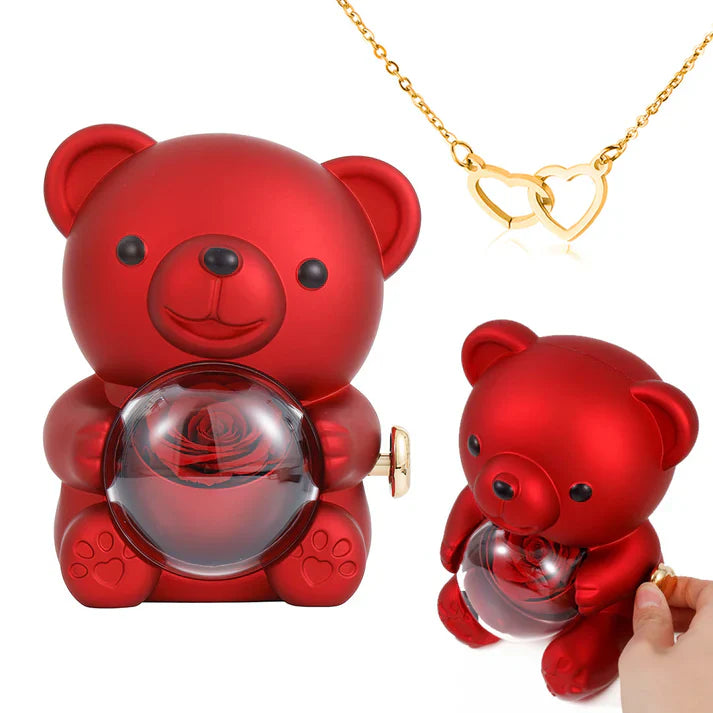 Collier Cœur Gravé avec Coffret Ourson de Roses