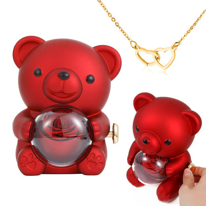 Collier Cœur Gravé avec Coffret Ourson de Roses