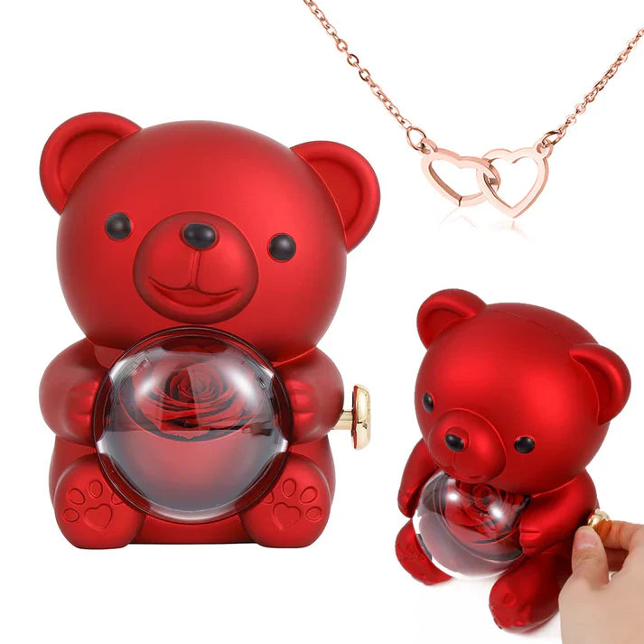 Collier Cœur Gravé avec Coffret Ourson de Roses