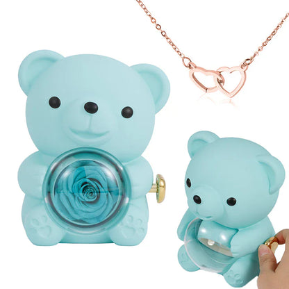 Collier Cœur Gravé avec Coffret Ourson de Roses