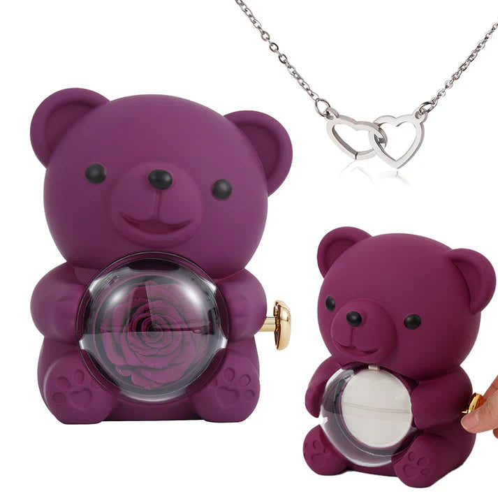 Collier Cœur Gravé avec Coffret Ourson de Roses