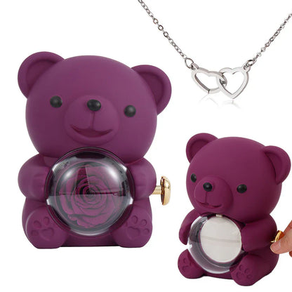 Collier Cœur Gravé avec Coffret Ourson de Roses